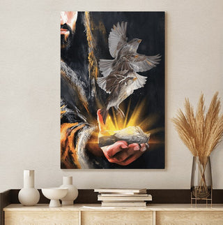 A bird on his hand Jesus - Matte Canvas