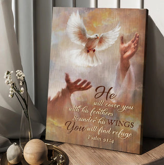 Beautiful dove drawing Jesus's hand He will cover you with his feathers - Matte Canvas