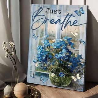 Blue daisy, Glass vase, Blue butterfly, Window scarf, Just breathe - Matte Canvas