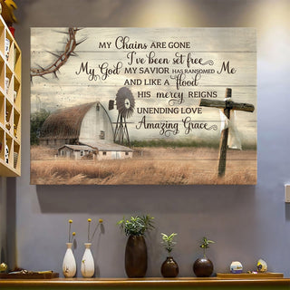 Meadow landscape Tranquil farm Jesus cross My chains are gone I've been set free - Matte Canvas