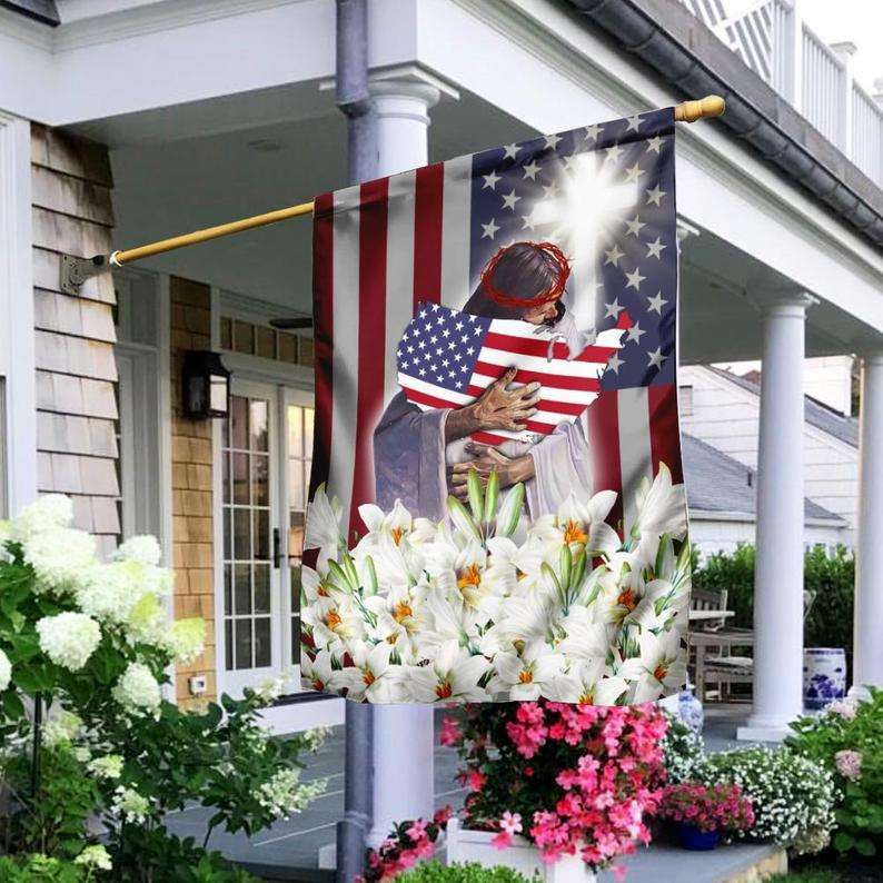 Jesus Flowers God and America Independence's day - House Flag