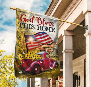 Red ladybug car Sunflower painting Cross God bless this home American flag - House Flag