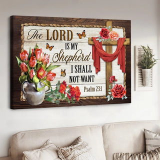Red tulip Rose Christ cross The Lord is my shepherd - Matte Canvas