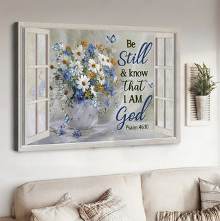 Watercolor daisy Blue flower Be still and know that I am God - Matte Canvas