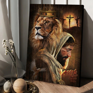 Watercolor lion Pray with Jesus Jesus on the cross - Matte Canvas